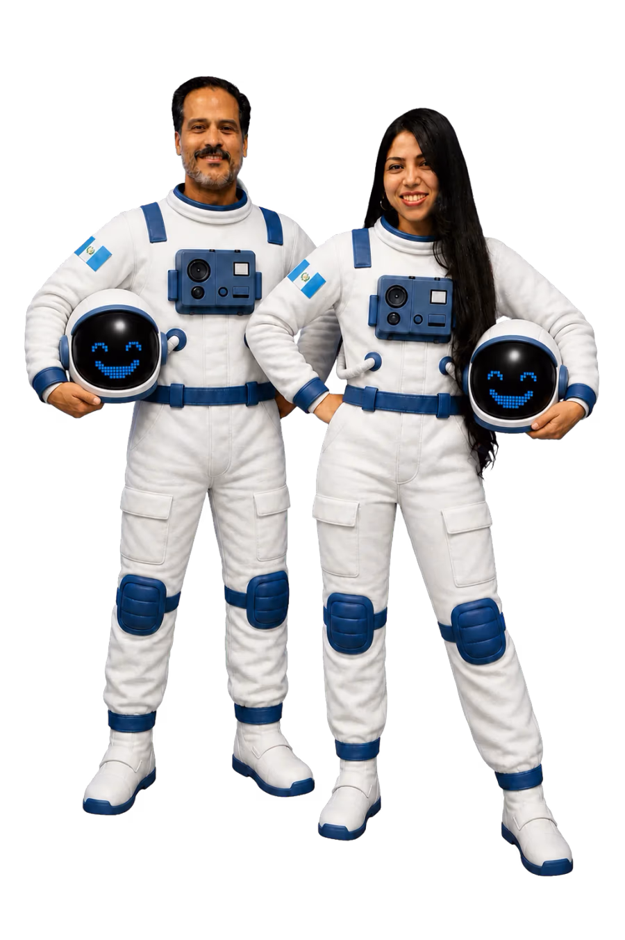 Dos integrantes de Campuslands Guatemala con trajes de astronauta, banderas de Guatemala y cascos de Orbit