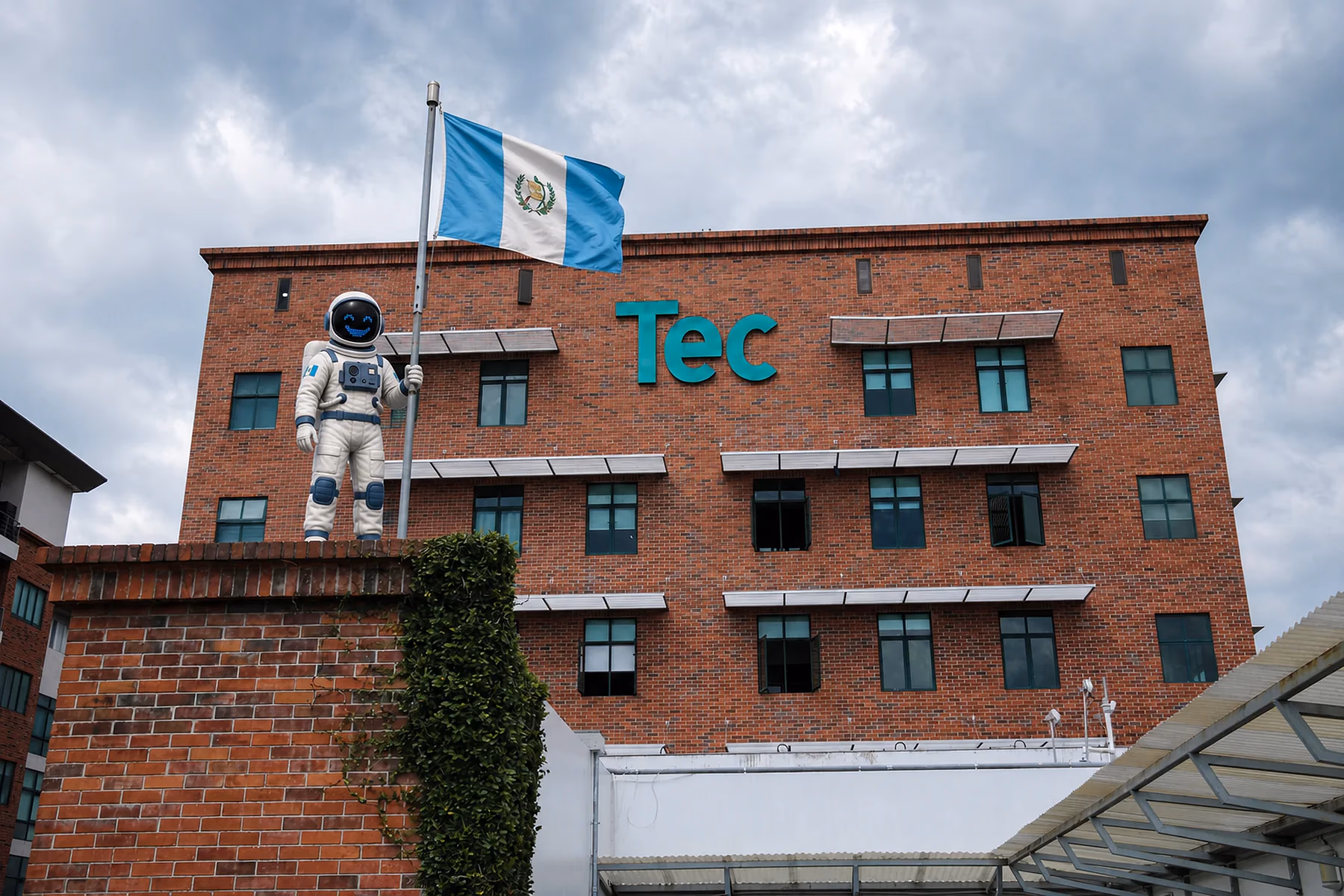 Fachada de Campus Tec en Ciudad de Guatemala con la bandera de Guatemala y Orbit