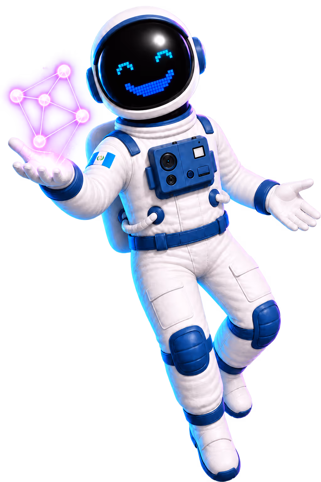 Orbit, astronauta de Campuslands, conectado a una red de inteligencia artificial azul y morada